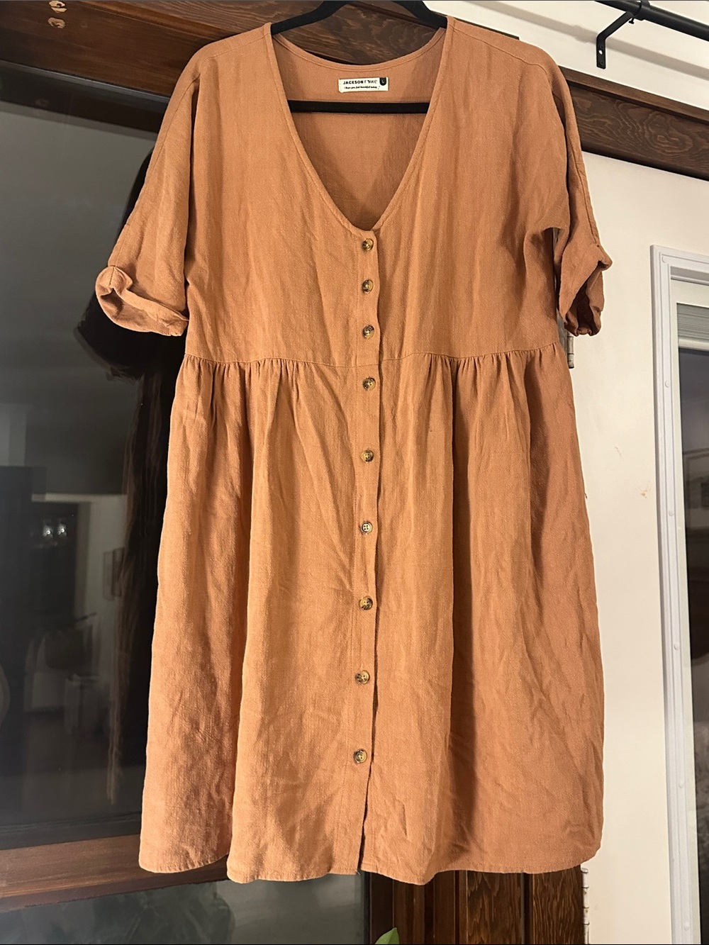 Jackson Rowe Linen Button-Front Rust Midi Dress